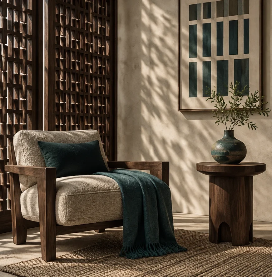 Hijaz collection concept: lattice, walnut and teal